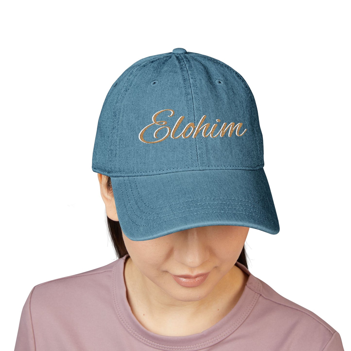 Denim 'ELOHIM, GENESIS 1:1' Hat (Embroidery), Stylish Casual Hat, Gift for Him/Her, Summer Accessory, Trendy Streetwear, Spiritual Fashion.