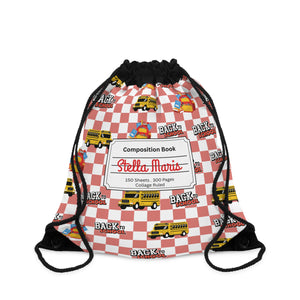 Custom Red SchoolYard Chic Composition Book Inspired Colorful plsyful icons Drawstring Bag | Personalized College Ruled Tote | Kids School Gear | Fun Gym Sack | Back to School Accessory