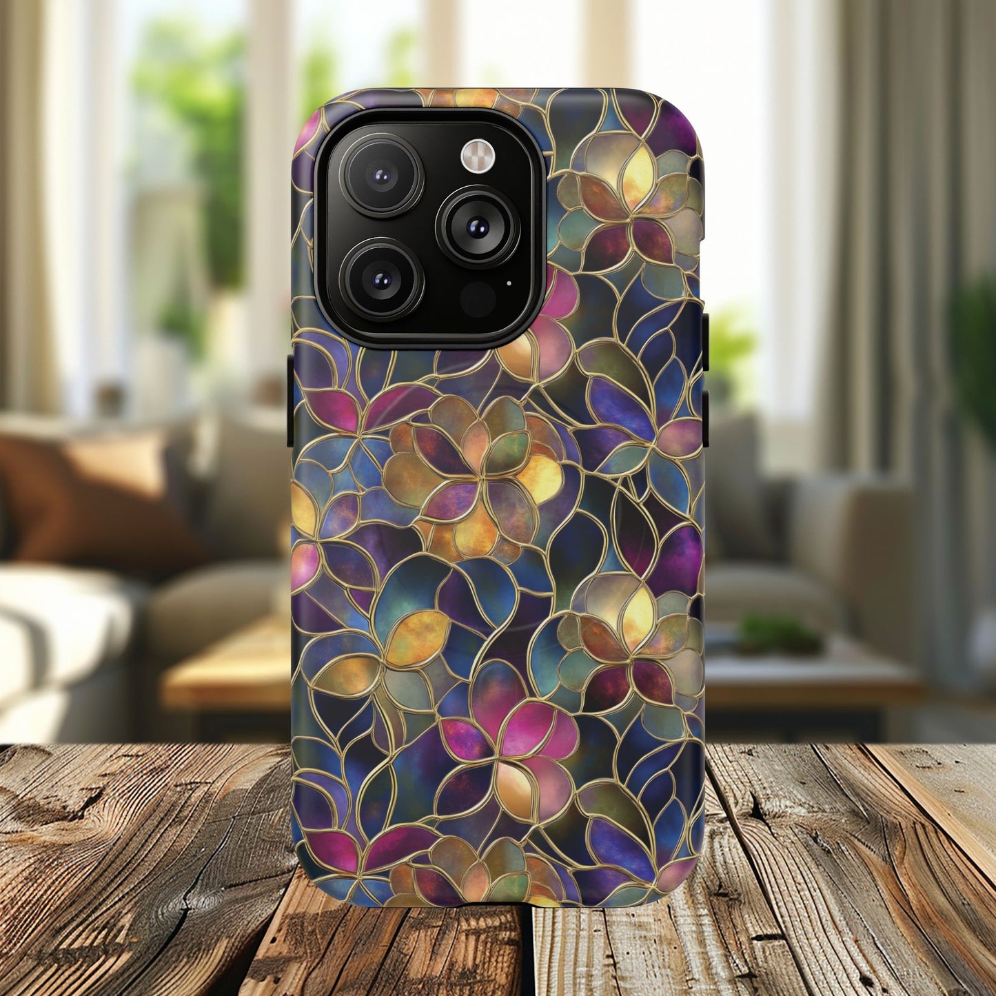 Chromatic Bloom Tough iPhone Magnetic Case, Tough iPhone Cover, Floral iPhone Accessory, Birthday Gift, Elegant Tech Decor, MagSafe Stained Glass Pattern.