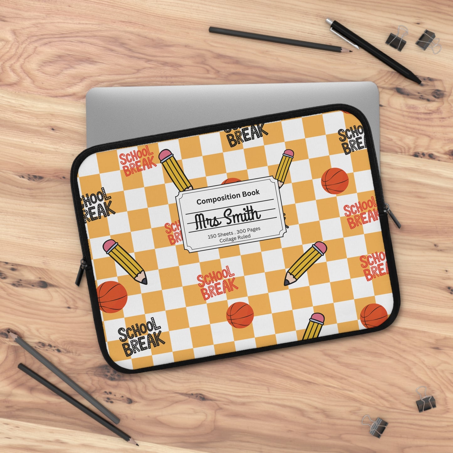 Personalized Orange Schoolyard Chic Laptop Sleeve with Composition Book Inspired Design, Customizable Tech Case, School Supplies, Gift for Students, College Essentials, Back to School