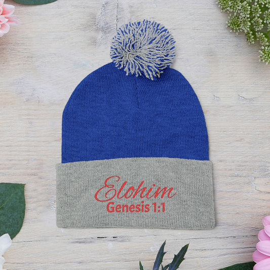 Red Pom-Pom Knit Cap with 'ELOHIM, GENESIS 1:1'  Embroidery Beanie - Stylish Winter Accessory for All Ages, Perfect Gift for Birthdays, Holidays, and Outdoor Activities