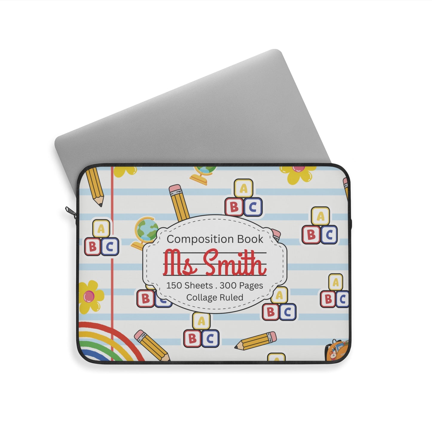 Personalized White SchoolYard Chic Laptop Sleeve with Composition Book Inspired Design, Educational Gift for Teachers, Classroom Organization, Back to School, Unique Teacher Accessory