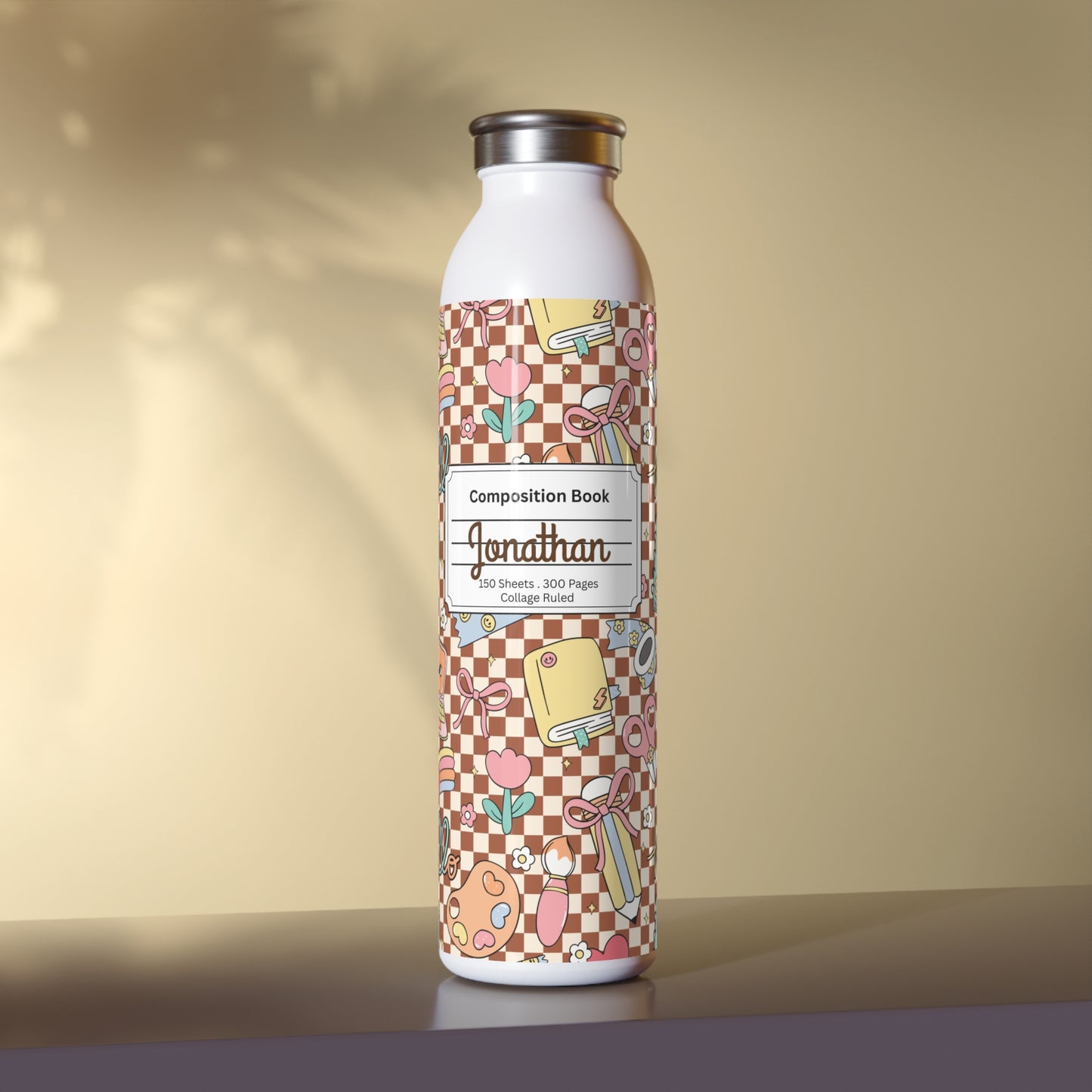 Personalized Composition Brown Doodle Daydream Book Inspired Slim Water Bottle, Customizable Drinkware, Eco-Friendly Hydration Bottle, Perfect for Gifts, School Supplies, Back to School