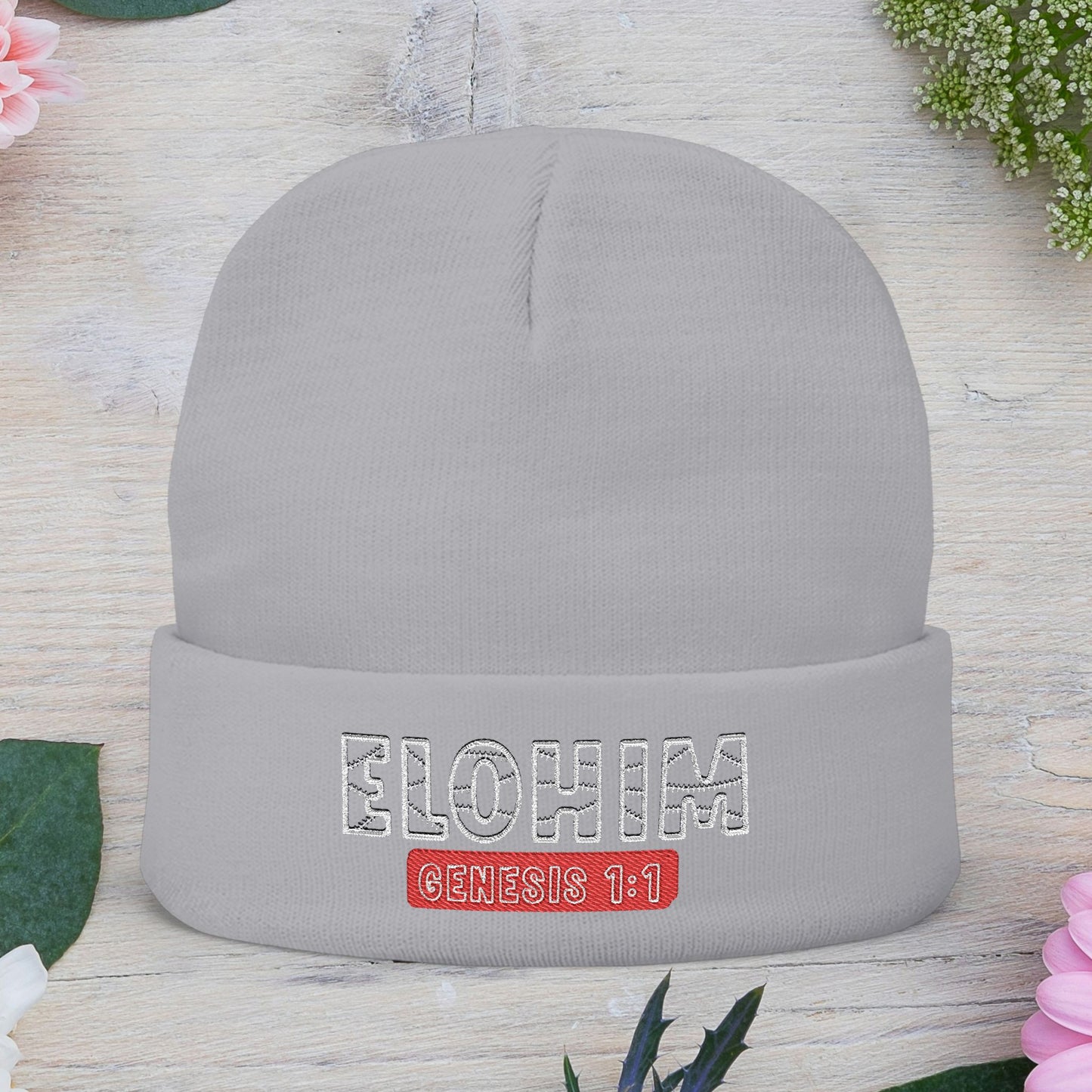 Stylish Knit Beanie with 'ELOHIM, Genesis 1:1' Embroidery, Winter Accessory, Religious Gift, Cozy Beanie Cap, Faith-Inspired Fashion