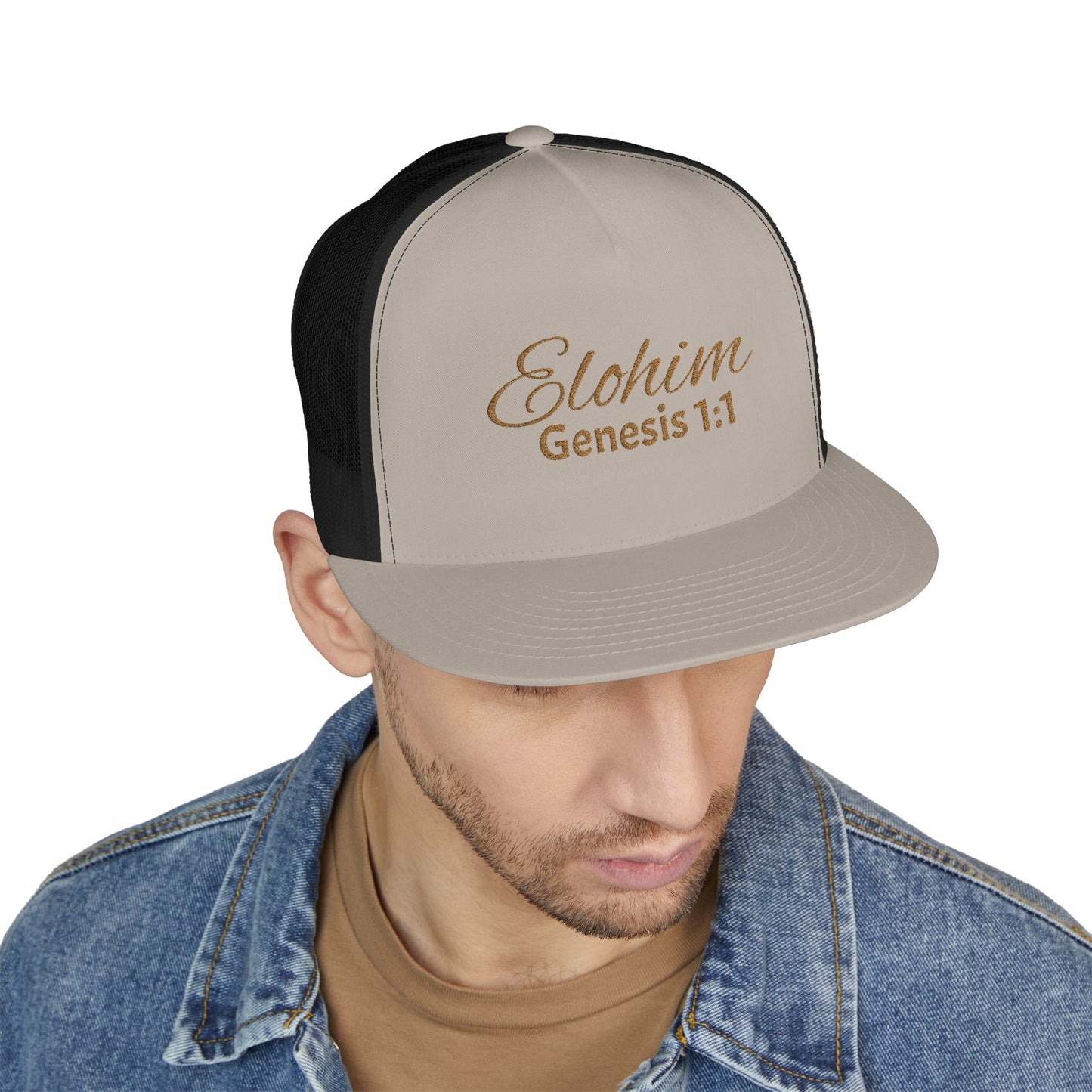 'ELOHIM, GENESIS 1:1'  Embroidered 5 Panel Trucker Cap | Casual Style Hat, Adjustable, Unisex, Perfect Gift for Outdoors, Festivals, Daily Wear