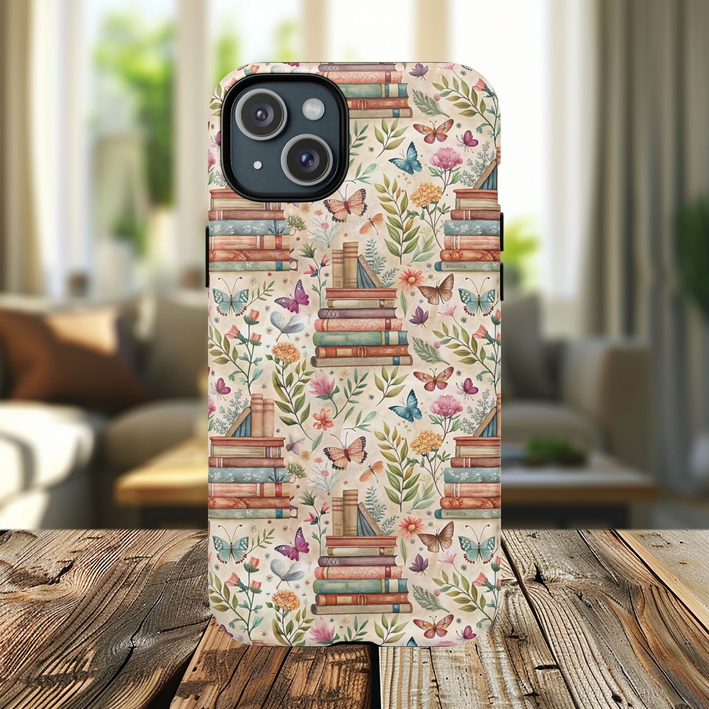 Colorful Bookworm Tough Magnetic iPhone Case,  Floral Butterfly Print, Gift for Readers, Tough IPhone Protective Cover, Bookish iPhone Case.