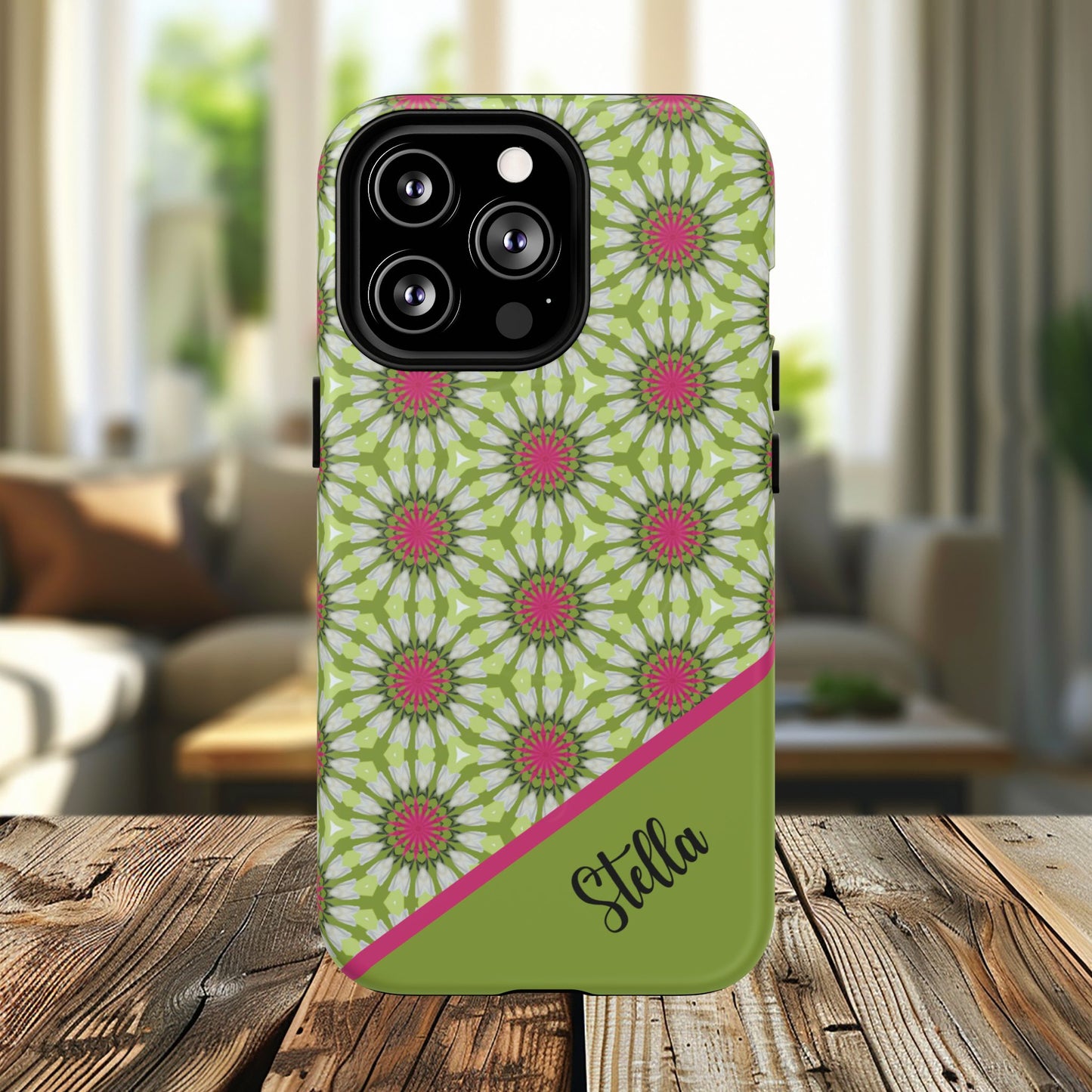 Personalized Meadow Mandala Bloom Vibrant Flower  — Green & Pink Geometric Daisy Design