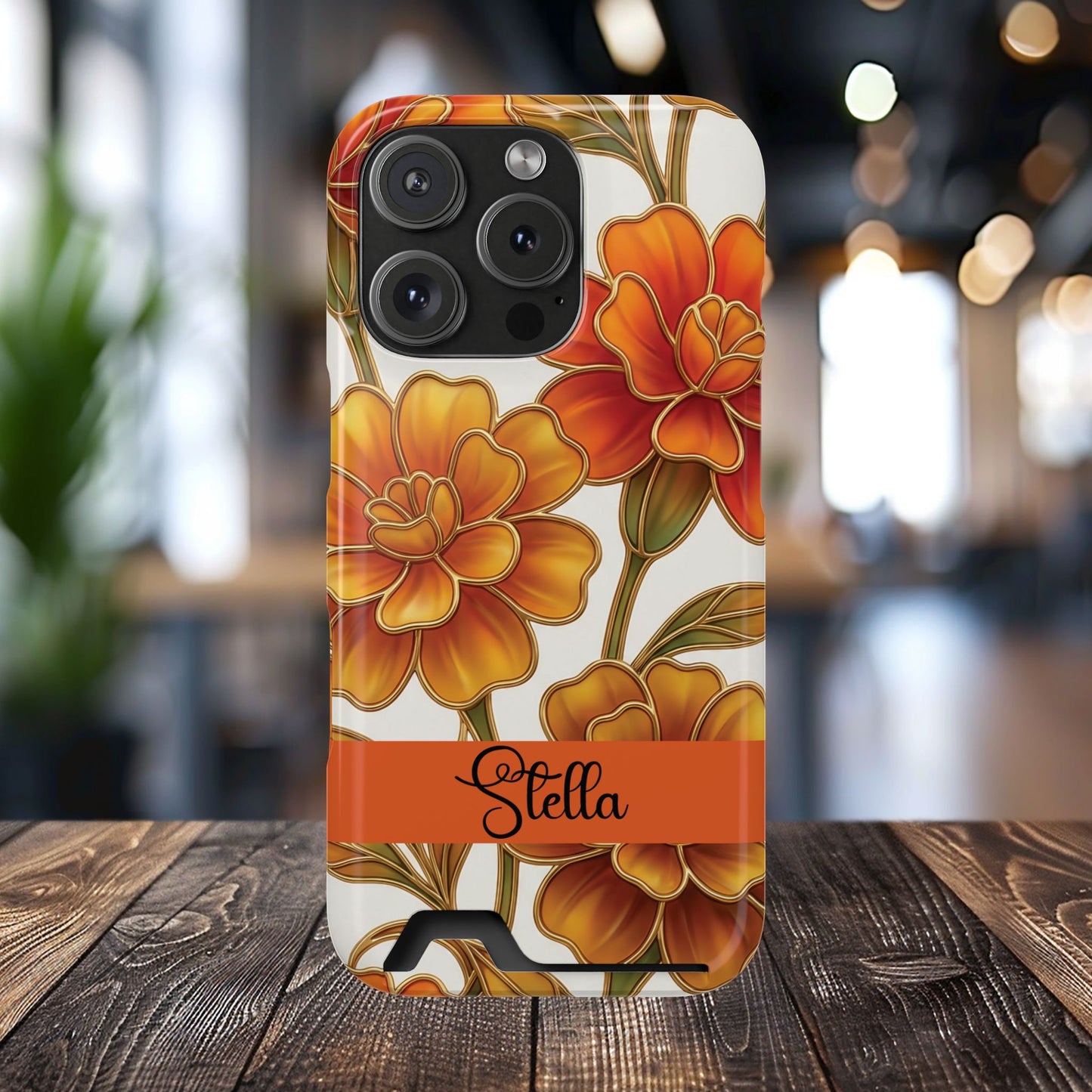 Personalized Orange Stained Glass Effect Marigold Floral Cardholder iPhone and Samsung Case