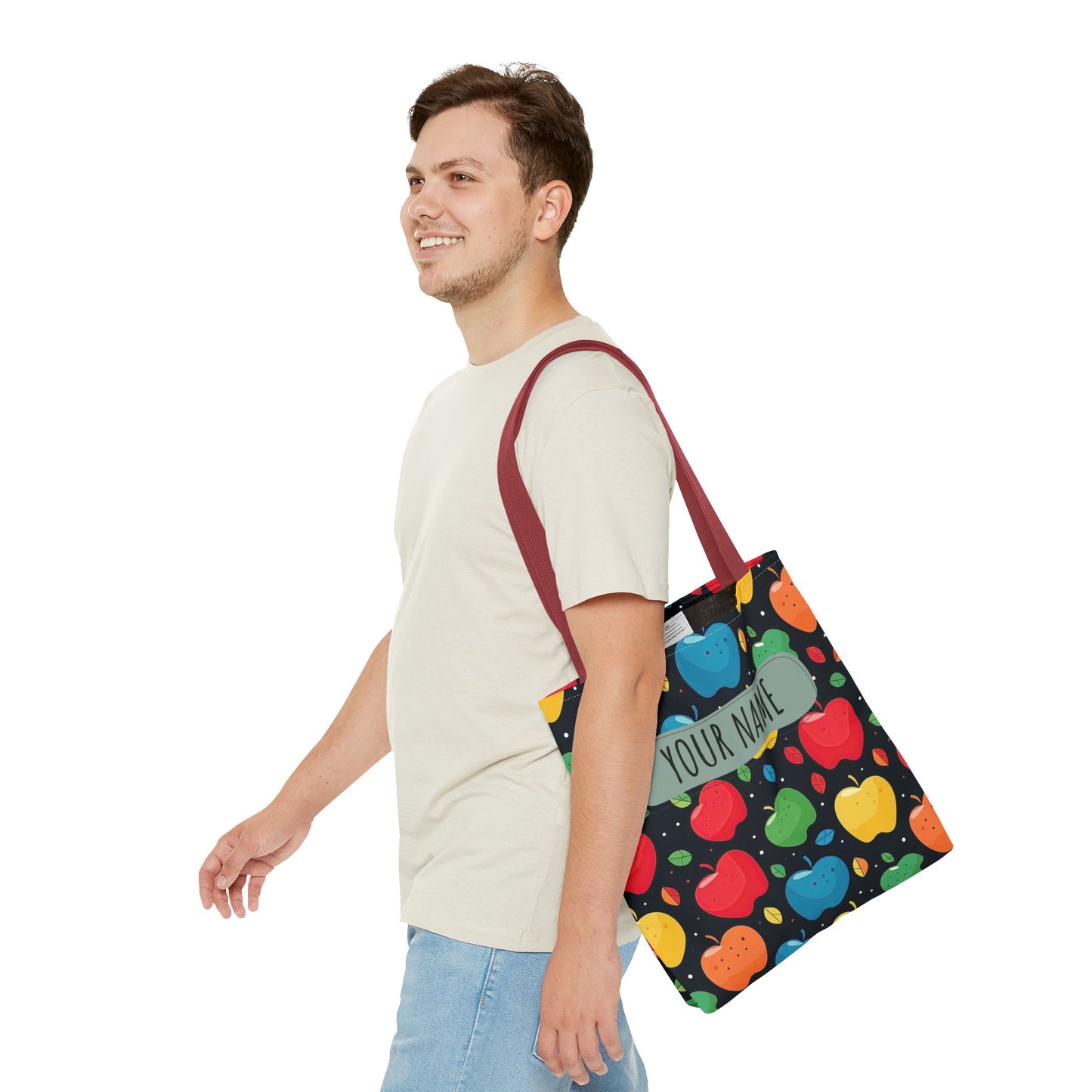 All-Over Apple Print Personalized Tote Bag — Durable Everyday Carry (3 Sizes, 5 Handle Colors)