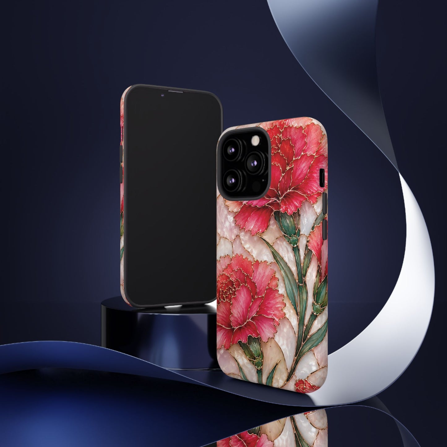 Stained Glass Effect Carnation Floral Tough Phone Case – Pink Vintage Botanical Protective Cover