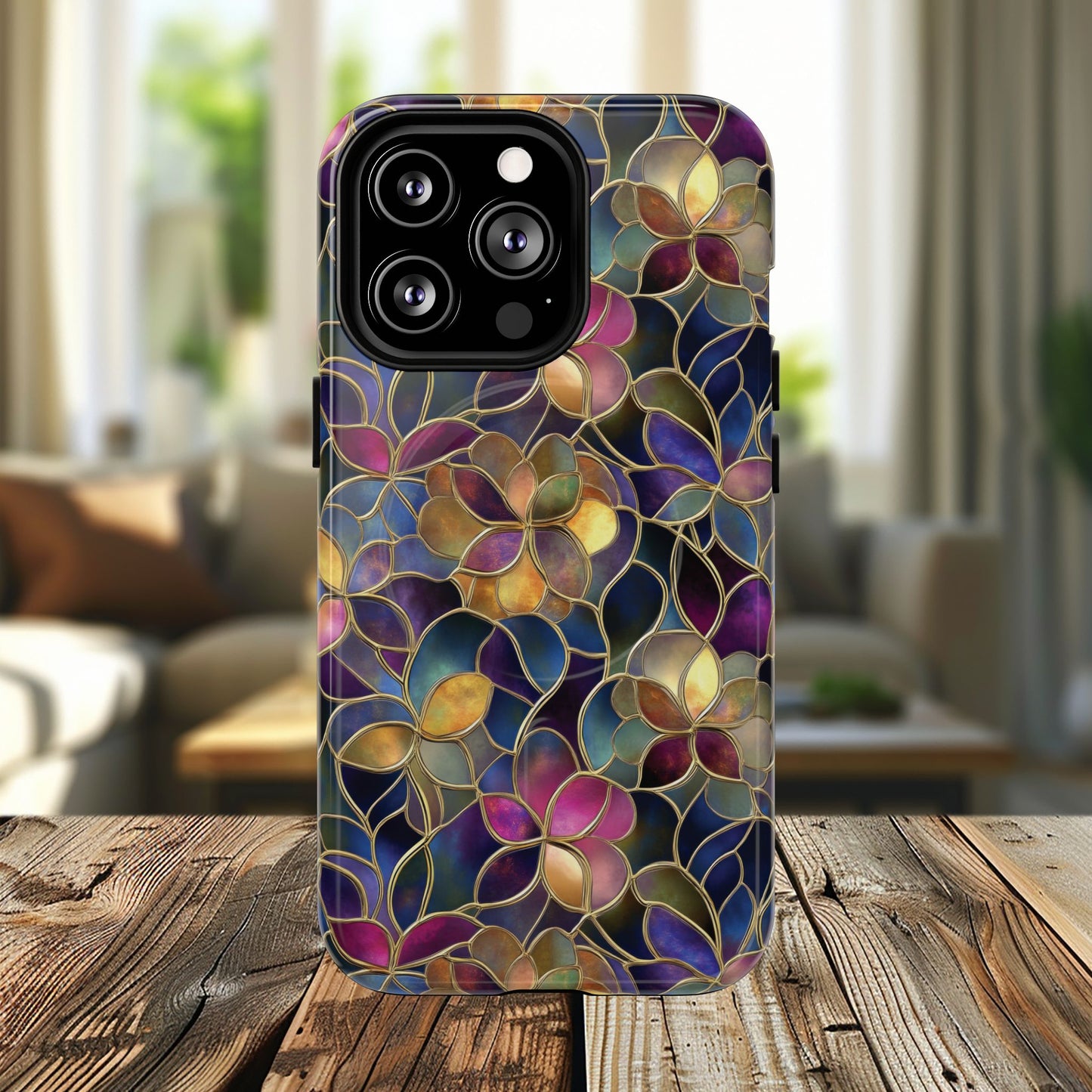 Chromatic Bloom Tough iPhone Magnetic Case, Tough iPhone Cover, Floral iPhone Accessory, Birthday Gift, Elegant Tech Decor, MagSafe Stained Glass Pattern.