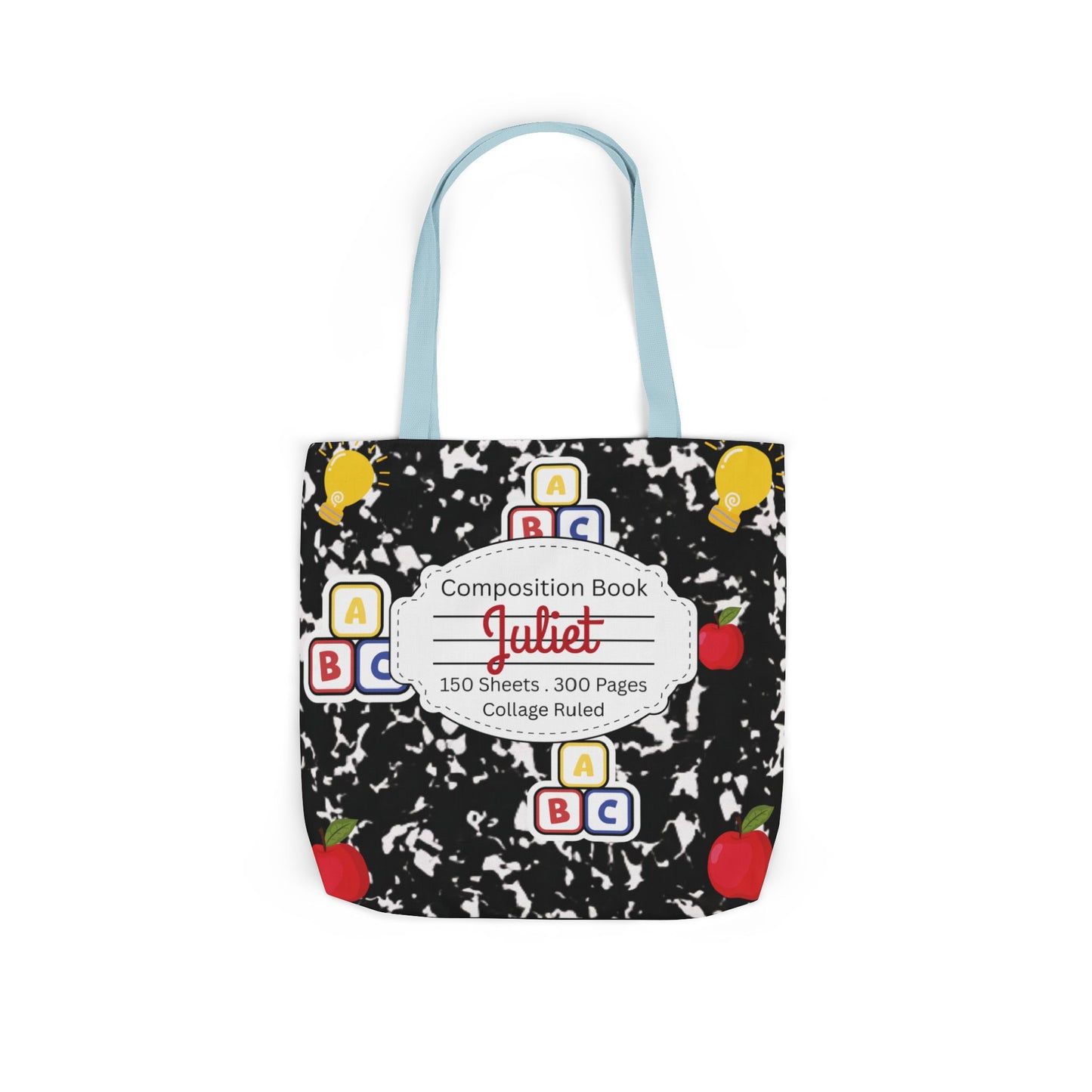 Personalized Black Composition Book Inspired Canvas Tote Bag with Colorful Straps, Cute School Bag, Eco-Friendly Tote, Back to School Shopping Bag, Teacher Gift Idea