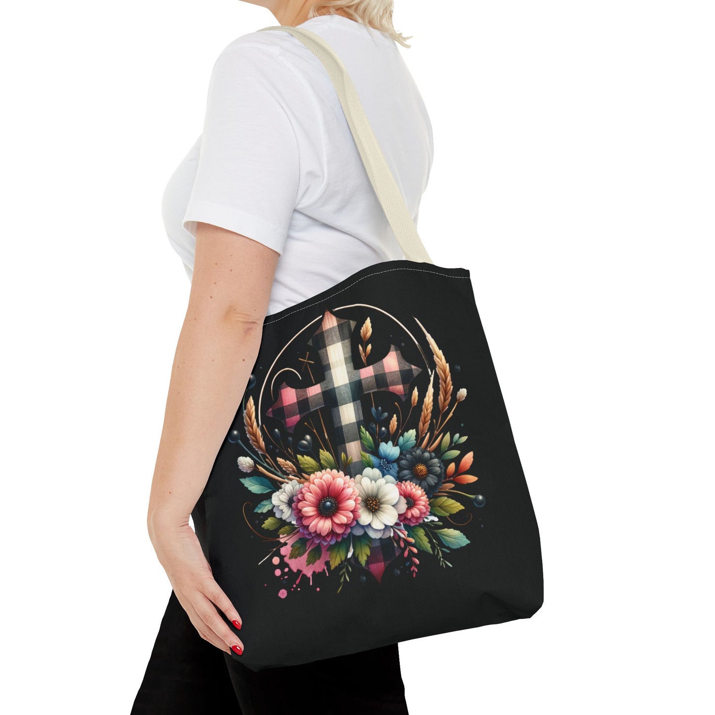 Faith and Floral Cross Heart Tote Bag