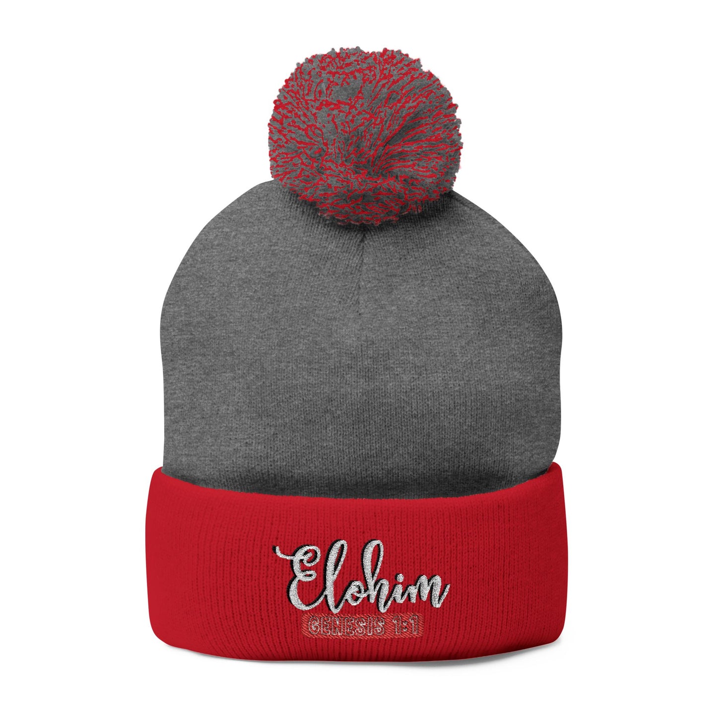 Pom-Pom Knit Cap with 'ELOHIM, GENESIS 1:1'  Embroidery Beanie - Stylish Winter Accessory for All Ages, Perfect Gift for Birthdays, Holidays, and Outdoor Activities