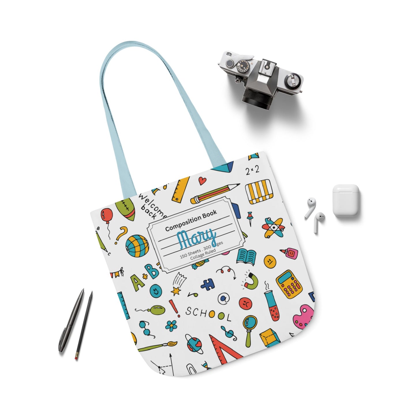 Personalized Classroom Couture Composition Book Inspired Canvas Tote Bag with Colorful Straps, Cute School Bag, Eco-Friendly Tote, Back to School Shopping Bag, Teacher Gift Idea