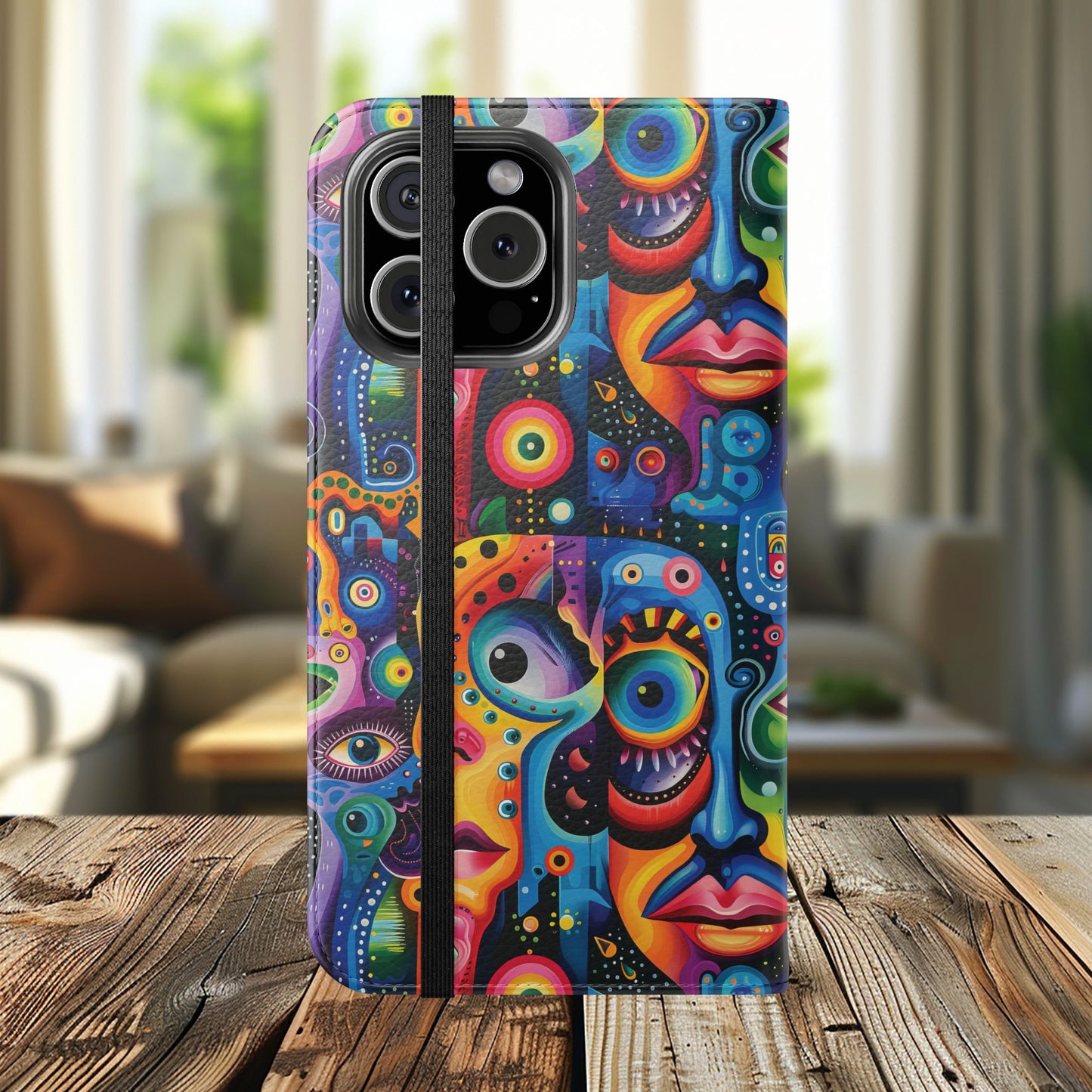 Psychedelic Visions Vibrant Art Flip iPhone and Samsung Phone Case - Colorful Faces Design for Phone Protection