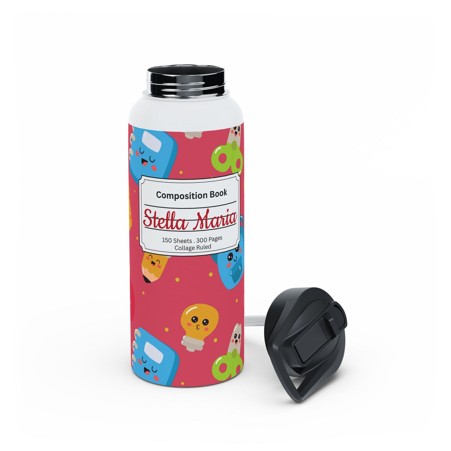 Personalized Kawaii Composition Book Inspired Stainless Steel Water Bottle for Kids, School Supplies, Eco-Friendly Drinkware, Back to School, Teacher Gifts