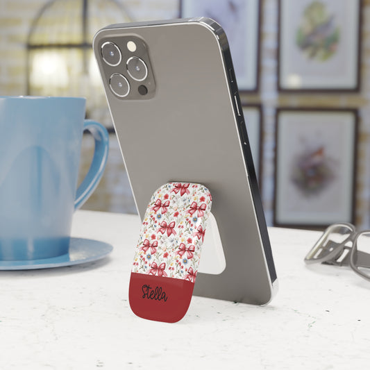 Personalized Rosette Coquette  Phone Grip — Floral Red Bows Design with Custom Name