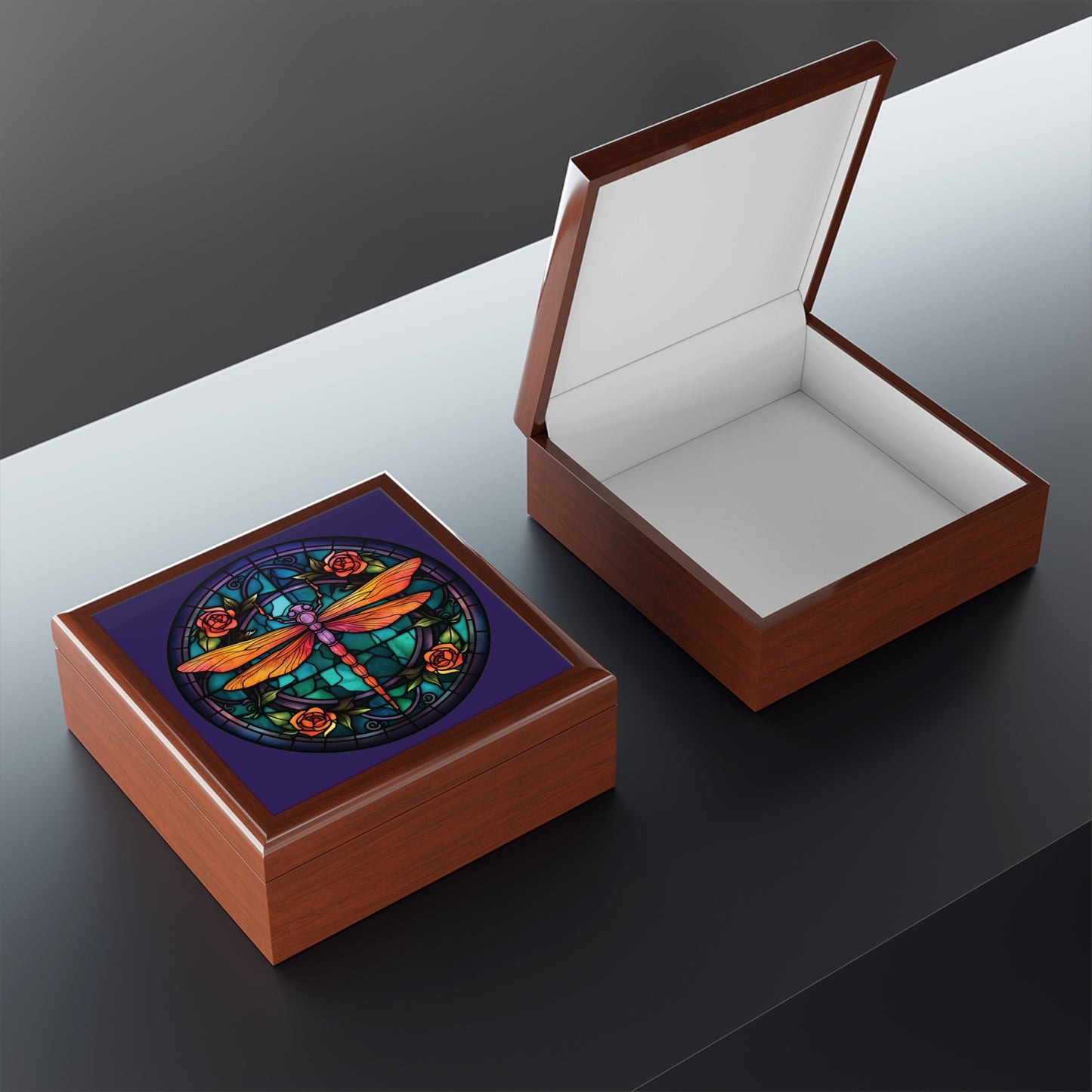 Stained Glass Dragonfly Jewelry Box — Floral Keepsake Box