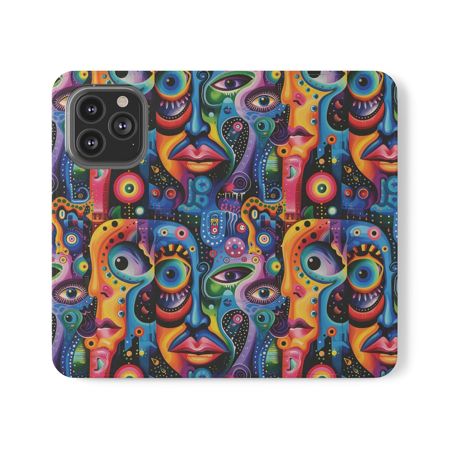 Psychedelic Visions Vibrant Art Flip iPhone and Samsung Phone Case - Colorful Faces Design for Phone Protection