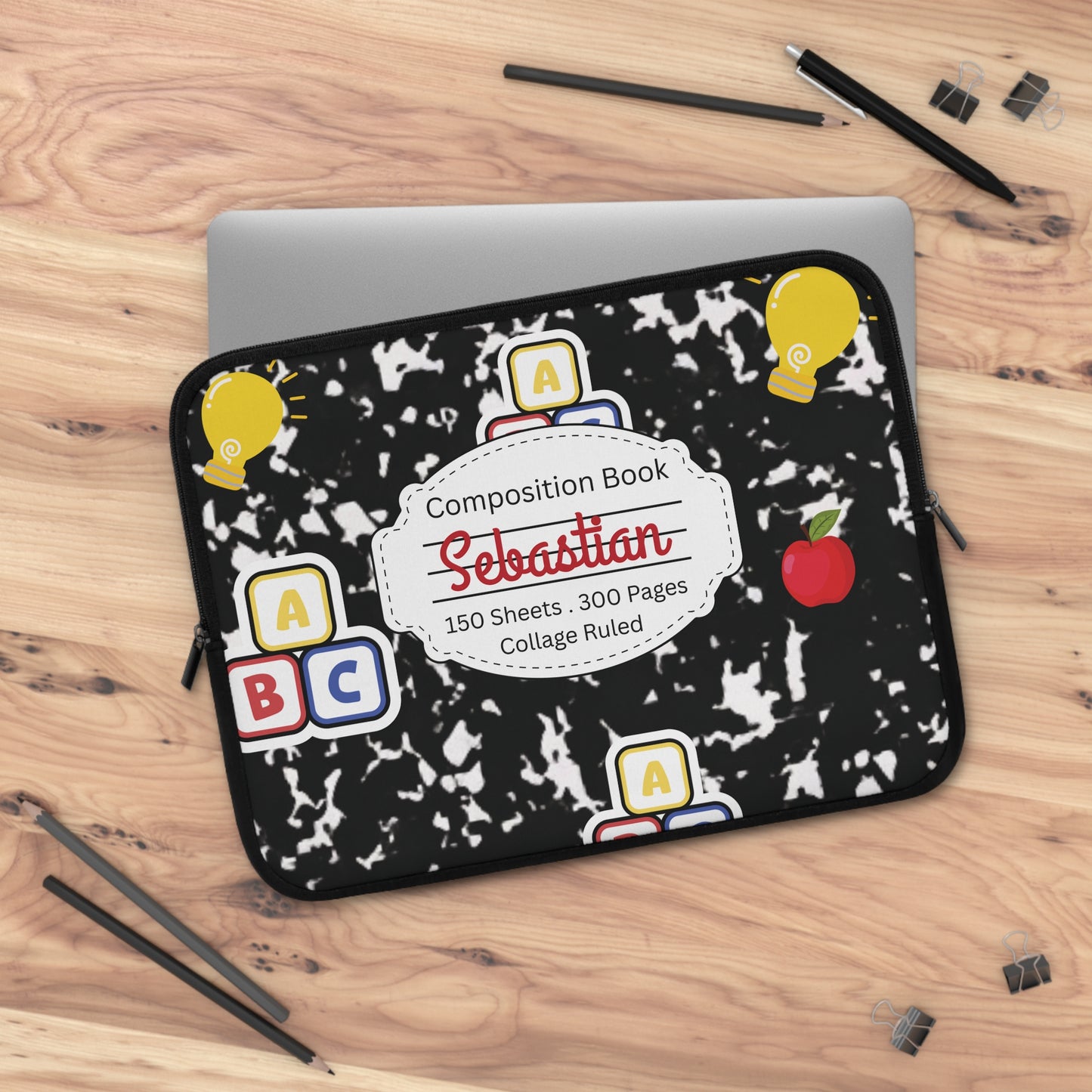 Personalized Laptop Sleeve with Black Composition Book Inspired Design, Customizable Tech Case, School Supplies, Gift for Students, College Essentials, Back to School