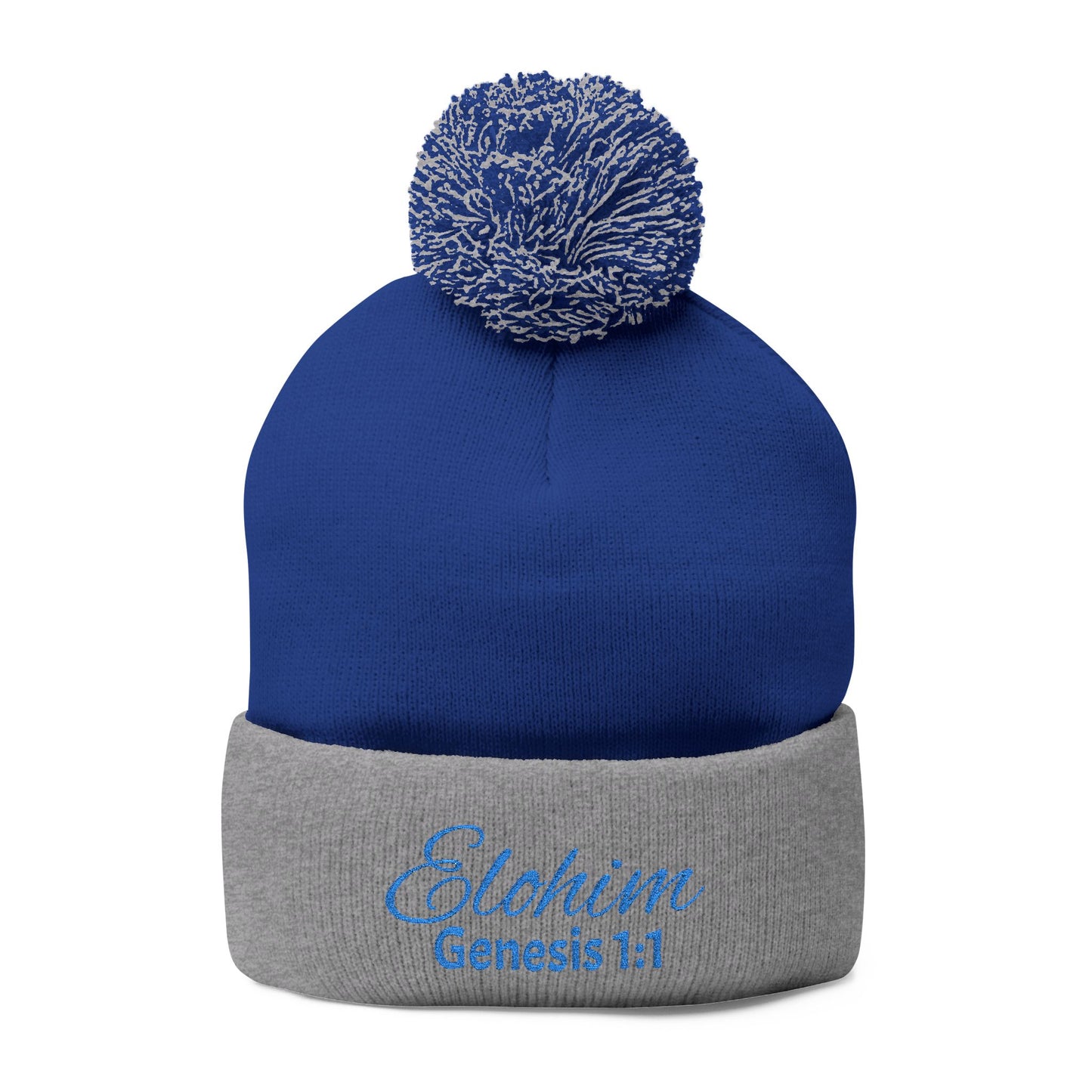 Pom-Pom Knit Cap with 'ELOHIM, GENESIS 1:1'  Embroidery Beanie - Stylish Winter Accessory for All Ages, Perfect Gift for Birthdays, Holidays, and Outdoor Activities