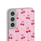 Personalized Cherry Blossom Dreams Flexi Case — Pink Retro Cherry iPhone® 7/8, 11, 12, 13, 14, 15, 16, 17, X/XS, SE, XR, Mini, Pro, Pro Max, Plus Cases.