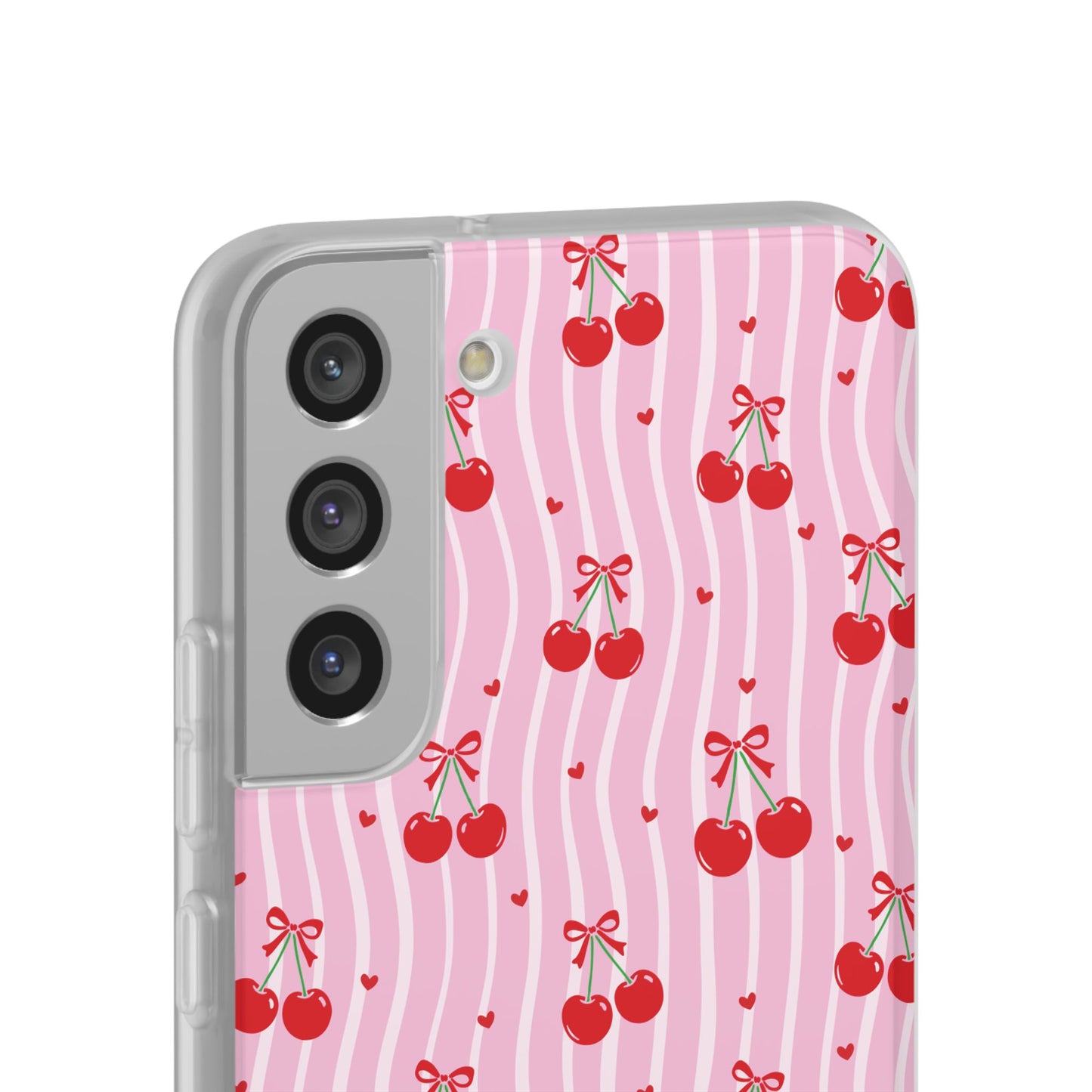 Personalized Cherry Blossom Dreams Flexi Case — Pink Retro Cherry iPhone® 7/8, 11, 12, 13, 14, 15, 16, 17, X/XS, SE, XR, Mini, Pro, Pro Max, Plus Cases.