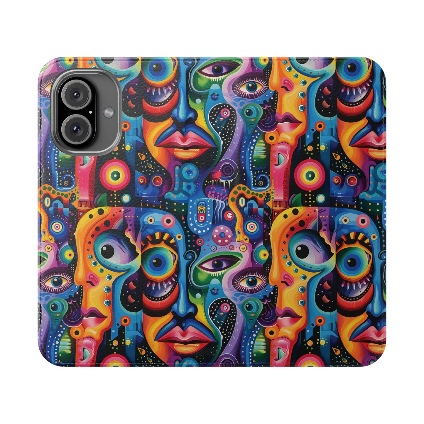 Psychedelic Visions Vibrant Art Flip iPhone and Samsung Phone Case - Colorful Faces Design for Phone Protection