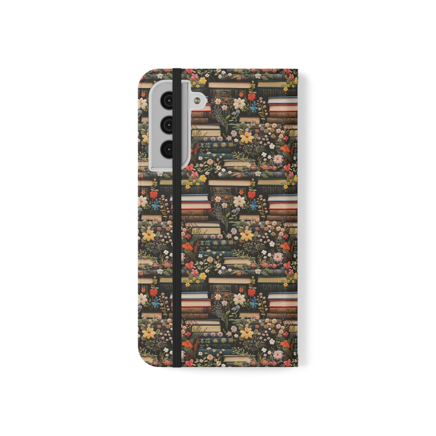 Book Stack Floral Flip iPhone and Samsung Phone Case — Vintage Library Wallet Cover.