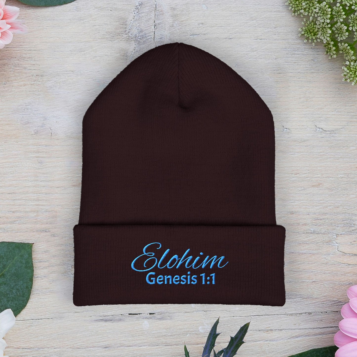 Teal Embroidered 'ELOHIM, GENESIS 1:1' Classic Cuffed Beanie - Cozy Winter Hat, Streetwear Accessory, Personalized Gifts, Religious Apparel, Unisex Beanie