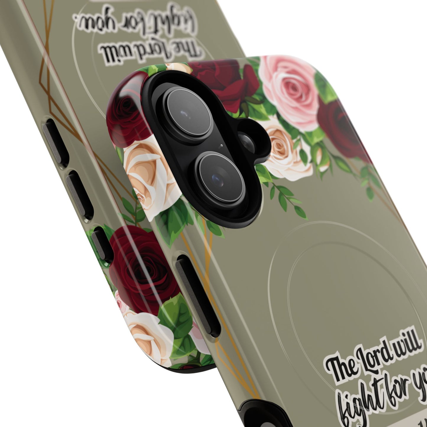 The Lord will Fight for You Exodus 14:14, Inspirational Gift, Tough iPhone Magnetic Case Scripture, Roses Bible Verse, MagSafe® iPhone® Tough Case, iPhone 14, iPhone 15, iPhone 16, Pro, Pro Max, Plus.