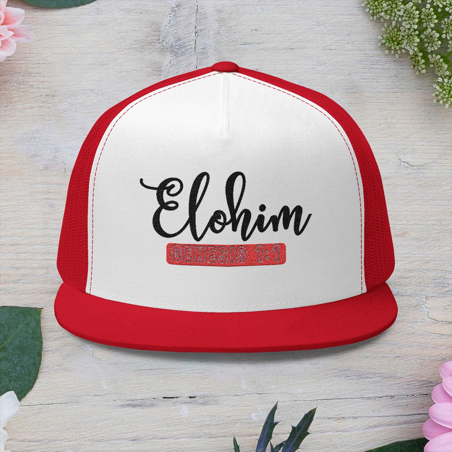 'ELOHIM, GENESIS 1:1'  Embroidered 5 Panel Trucker Cap | Casual Style Hat, Adjustable, Unisex, Perfect Gift for Outdoors, Festivals, Daily Wear