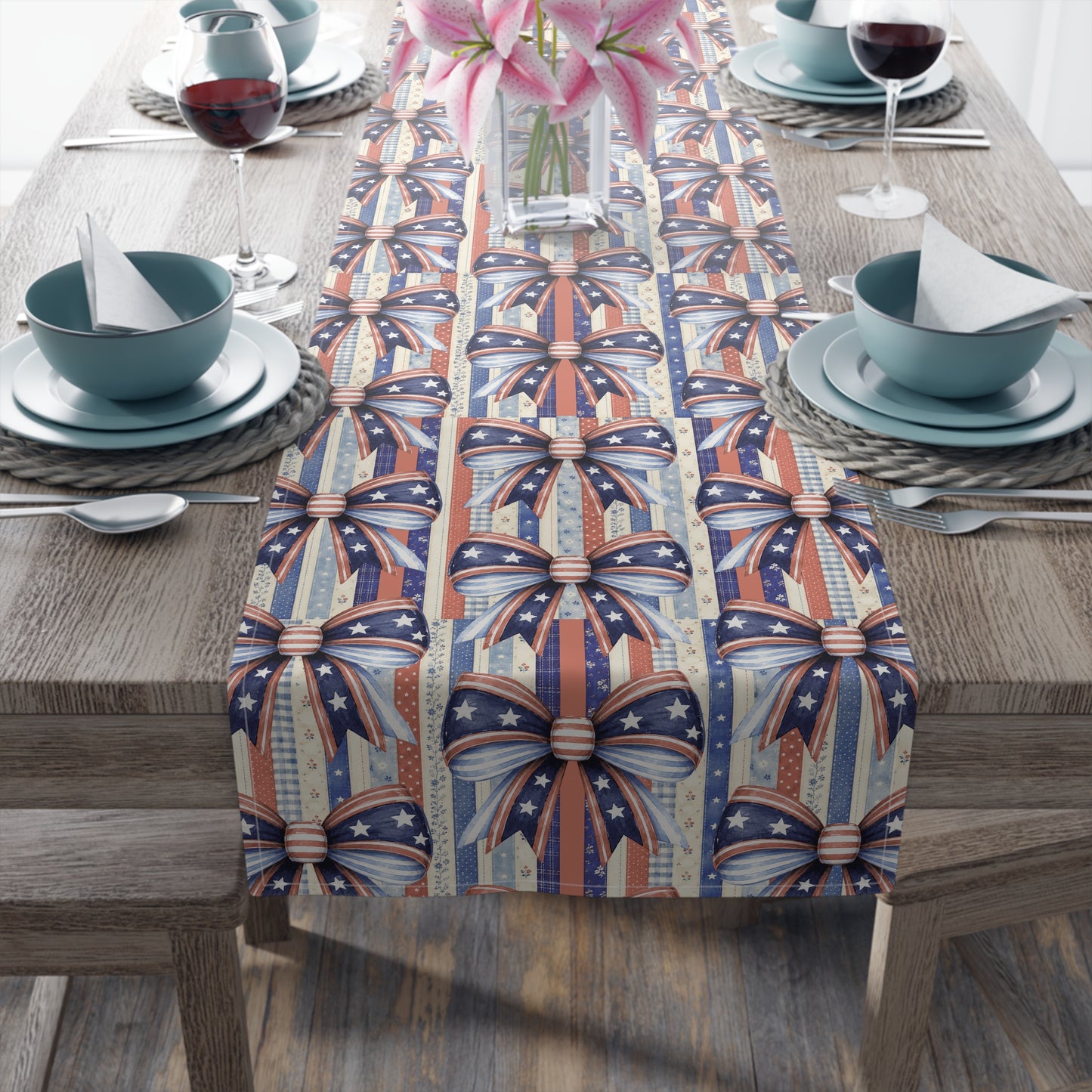 Patriotic Ribbon Table Runner — American Flag Stars & Stripes Cotton-Blend