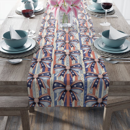 Patriotic Ribbon Table Runner — American Flag Stars & Stripes Cotton-Blend