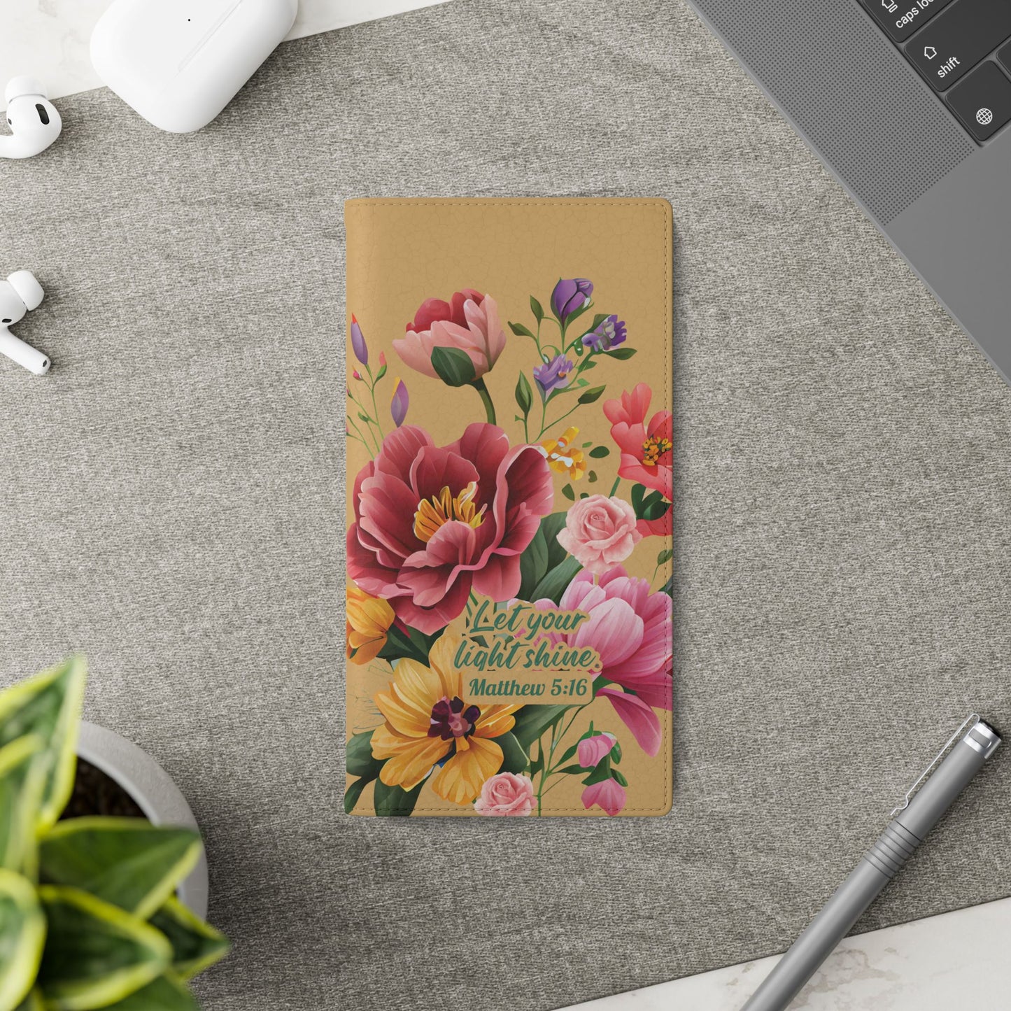 Floral Scripture Flip Case — "Let Your Light Shine" Wallet Phone Cover (Matthew 5:16)