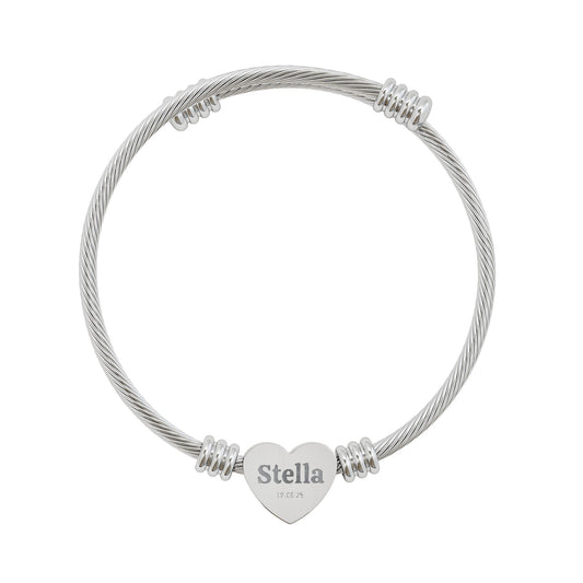Personalized Heart Cuff Bracelet — Engraved Name Heart Bangle (Silver or Gold)