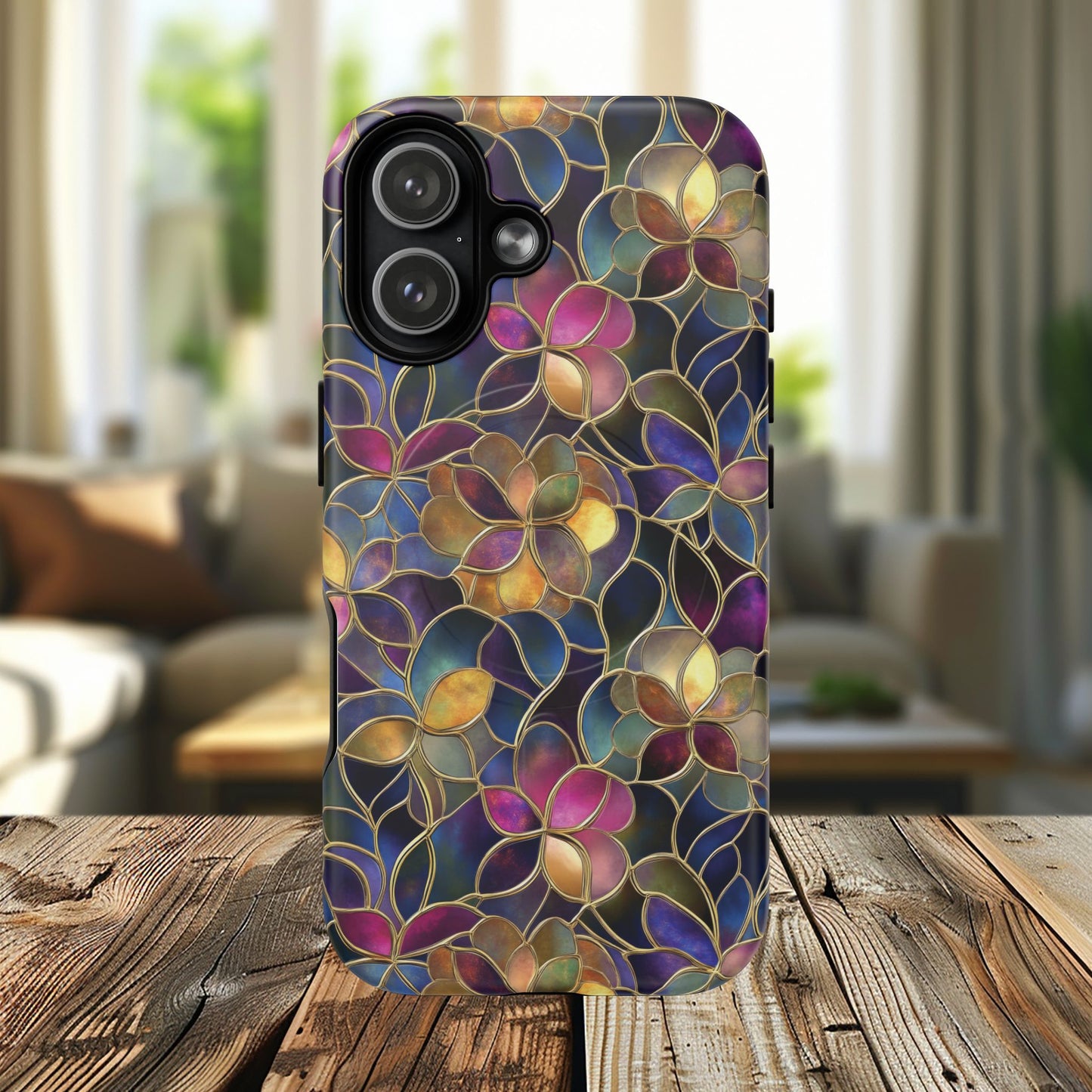 Chromatic Bloom Tough iPhone Magnetic Case, Tough iPhone Cover, Floral iPhone Accessory, Birthday Gift, Elegant Tech Decor, MagSafe Stained Glass Pattern.