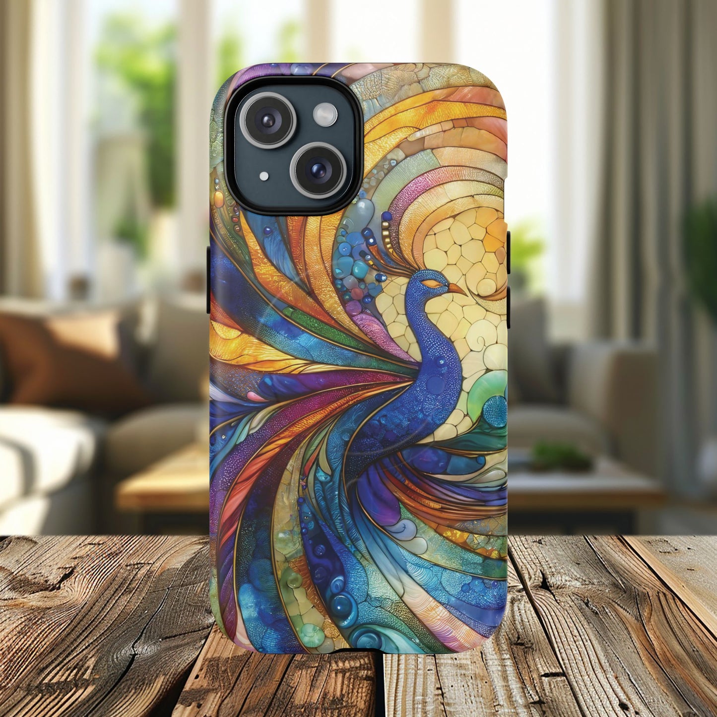 Mosaic Peacock Feathers Magnetic Phone Case, Tough Phone Shell, Vibrant Art Case, Gift for Her, Unique Phone Accessory, Wildlife Lover's Gift, Stained Glass Case.