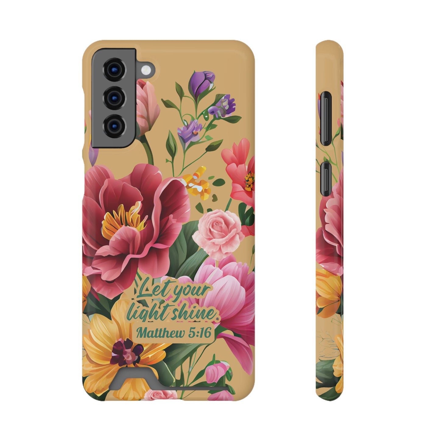 Floral Bible Verse Phone Case with Card Holder — "Let Your Light Shine" (Matthew 5:16)