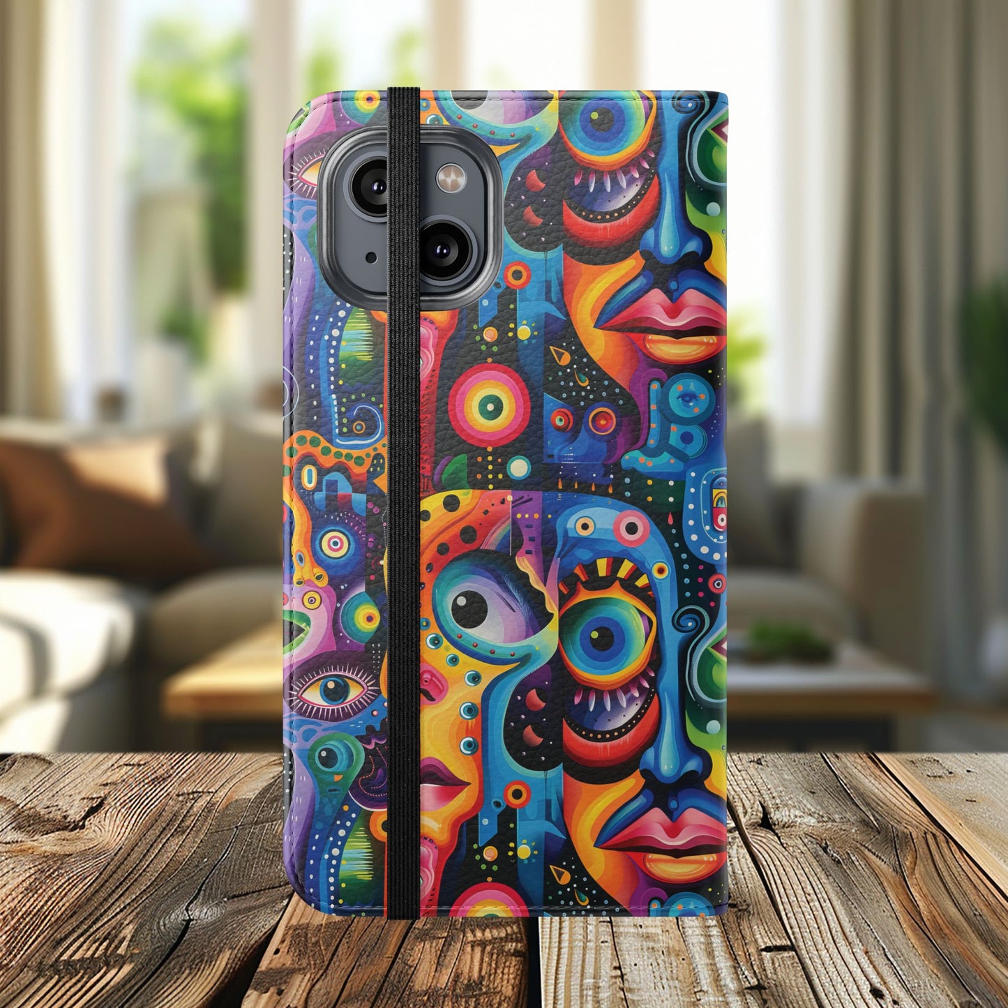 Psychedelic Visions Vibrant Art Flip iPhone and Samsung Phone Case - Colorful Faces Design for Phone Protection
