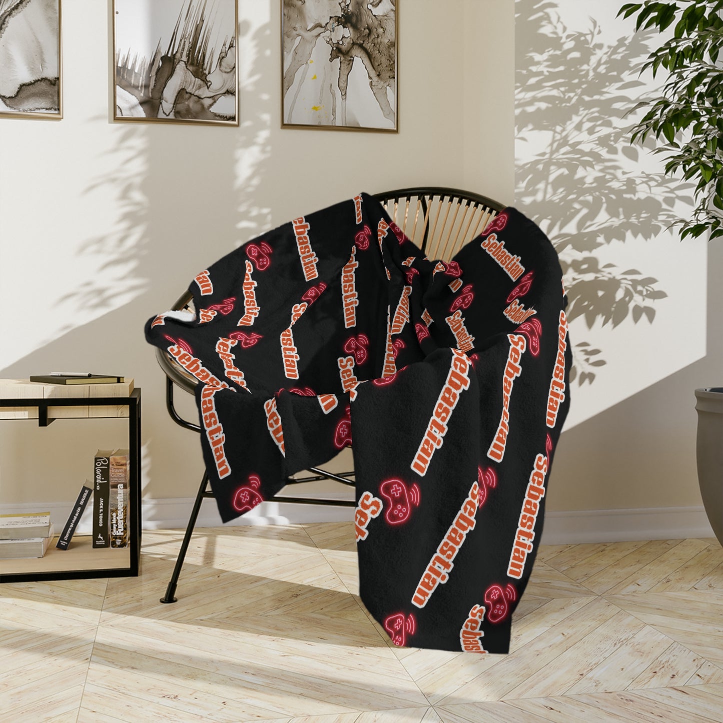 Personalized Name Velveteen Microfiber Blanket — Black Patterned ‘Smile’ Script Cozy Throw