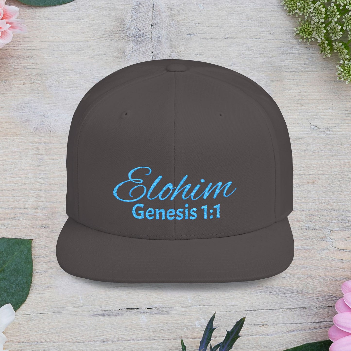 Teal Embroidery 'ELOHIM, GENESIS 1:1' Flat Bill Snapback Hat, Stylish Cap for Everyday Wear, Church Events, Gift for Him/Her, Streetwear Accessory, Casual Fashion