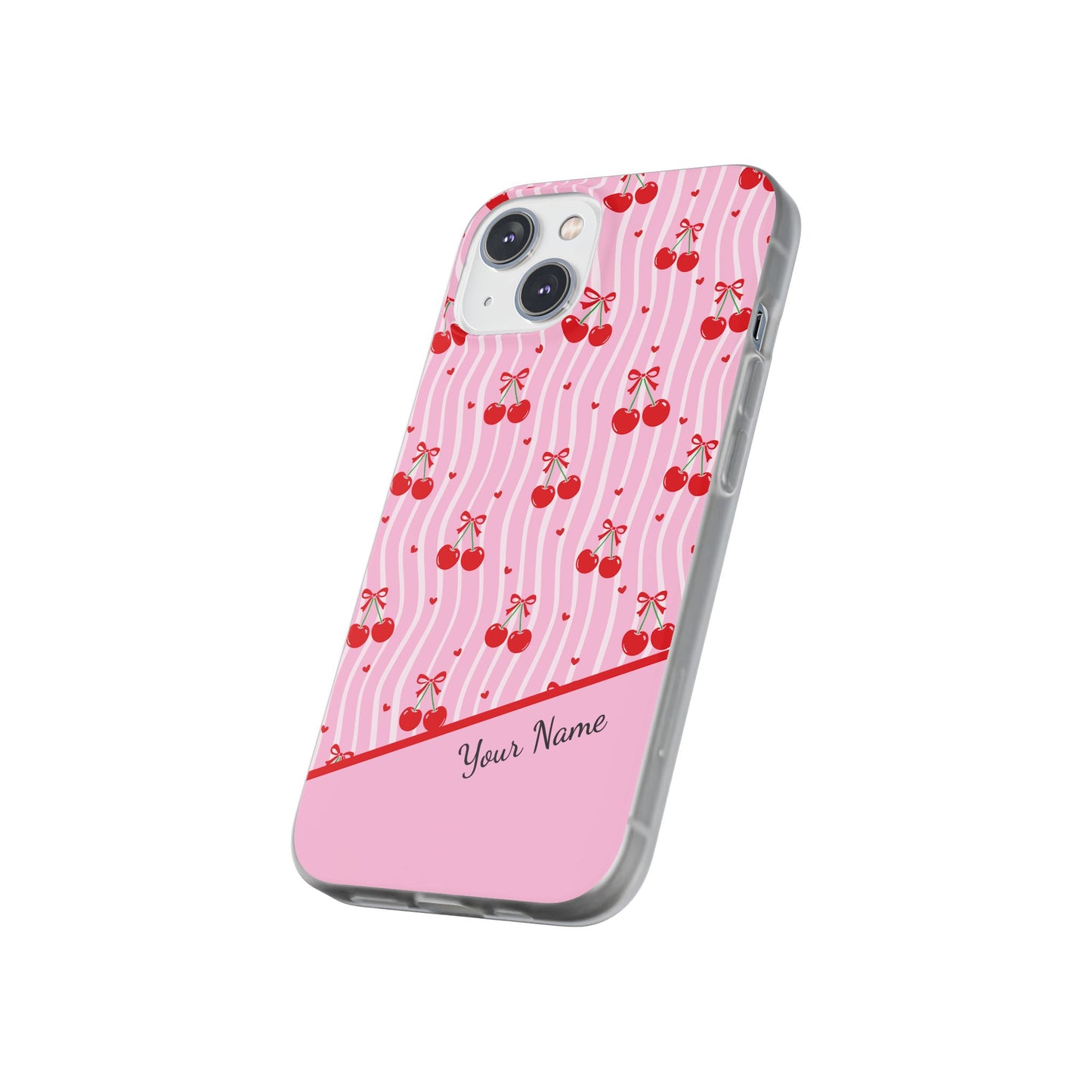 Personalized Cherry Blossom Dreams Flexi Case — Pink Retro Cherry iPhone® 7/8, 11, 12, 13, 14, 15, 16, 17, X/XS, SE, XR, Mini, Pro, Pro Max, Plus Cases.