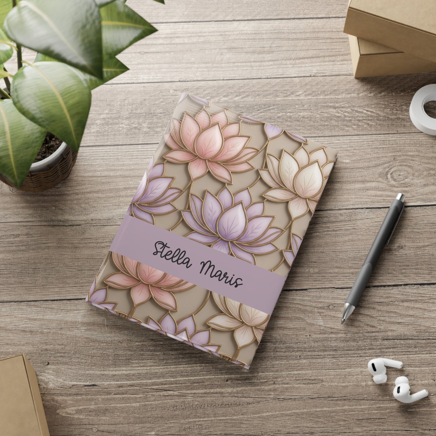 Personalized Stained Glass Lotus Blossom Hardcover Notebook — Custom Name and Affirmation Puffy Cover Journal.