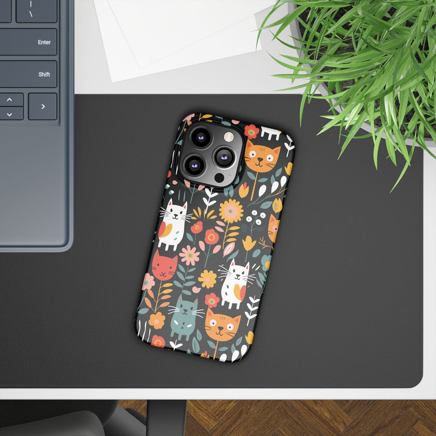 Whimsical Feline Garden iPhone Case — Slim Floral Cat Design (Matte or Glossy) for iPhones.