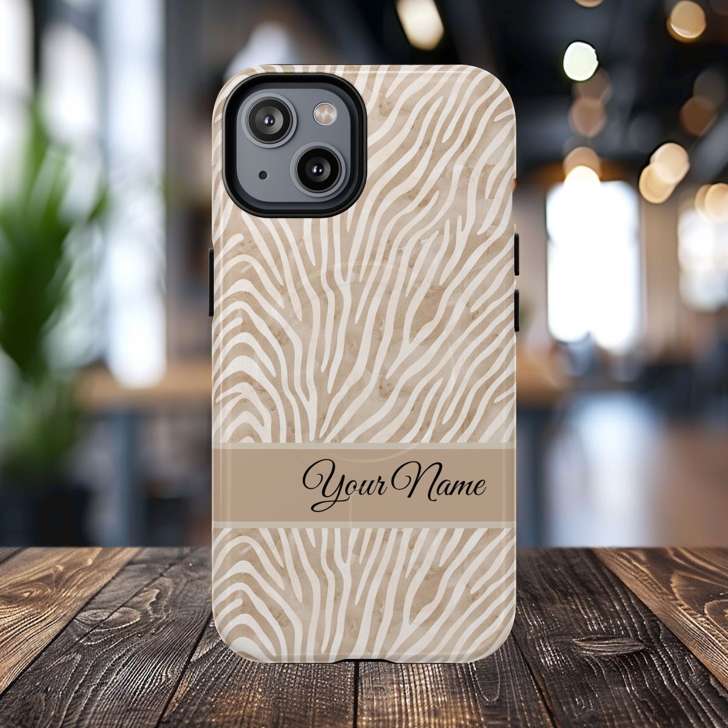 Personalized Zebra Animal Print Cover, Tough Magnetic MagSafe® iPhone® 13, 14, 15, 16, 17, Pro, Pro Max, Plus Cases (Custom Name).