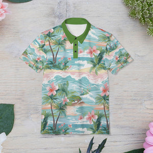 Tropical Escape Polo Shirt, Vibrant Summer Style, Beachwear, Vacation Outfit, Unisex Casual Wear, Floral Print Top, Gift for Travelers