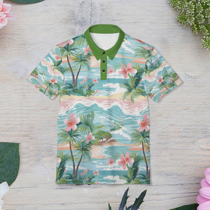 Tropical Escape Polo Shirt, Vibrant Summer Style, Beachwear, Vacation Outfit, Unisex Casual Wear, Floral Print Top, Gift for Travelers