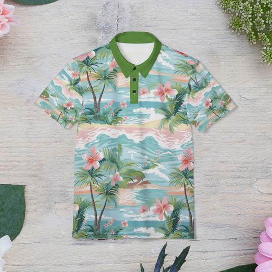 Tropical Escape Polo Shirt, Vibrant Summer Style, Beachwear, Vacation Outfit, Unisex Casual Wear, Floral Print Top, Gift for Travelers